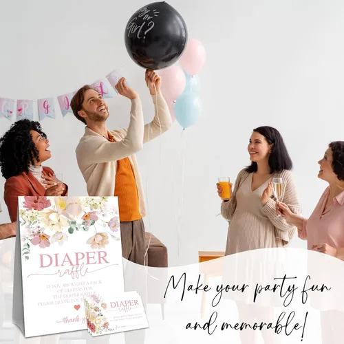 Miniatura 6 de Juego de rifas de pañales florales para baby shower, flores de acuarela, 1 letrero de pie y 50 boletos de raftel de pañales, anuncio de bebé