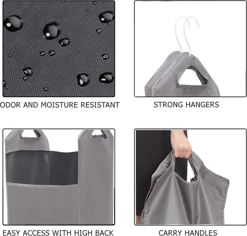 Miniatura 4 de The Fine Living Co. - Bolsa colgante para ropa sucia, resistente, ahorro de espacio, organizador con 2 perchas de metal fuertes Gris