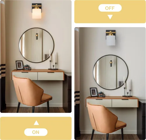 Miniatura 7 de 1 Luminaria Moderna de Baño sobre Espejo, Luces de Tocador Negro Dorado para Apliques de Pared de Baño con Pantallas de Vidrio Blanco Lechoso