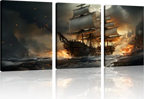 Miniatura 34 de TutuBeer 3 Piezas Arte de Pared Batalla Naval Barco Imagen Barco Pirata Velero Póster Barco Pirata Azul en Llamas Imagen Impresa en Lienzo Póster