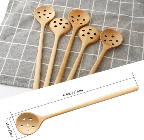 Miniatura 2 de 1 cuchara de madera de olivo, 11 pulgadas, estilo coreano, mango largo, cucharas redondas ranuradas de madera para mermelada de oliva