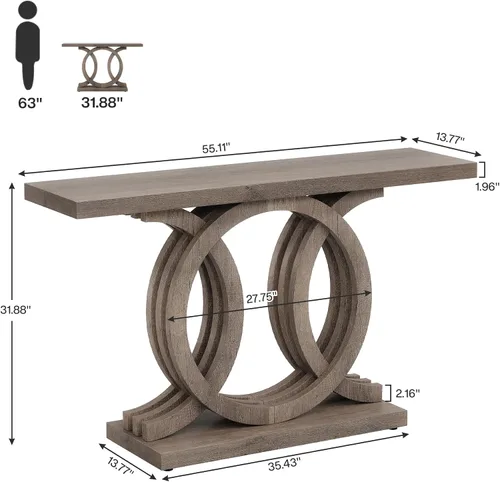 Miniatura 2 de Tribesigns Mesa consola de 55 pulgadas con base de madera geométrica, mesa de entrada moderna con mesa gruesa para sala de estar, pasillo, Marrón