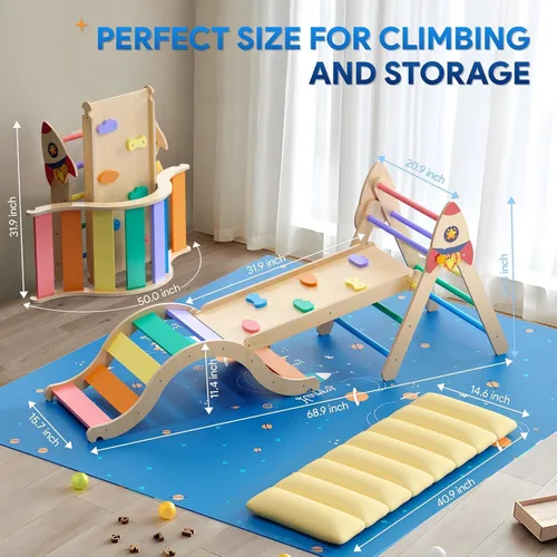 Miniatura 6 de Conjunto de Triángulo Pikler con Cojín, Juguetes de Escalada 9 en 1 para Niños Pequeños de 1 a 3 Años en el Interior, Juguetes Montessori