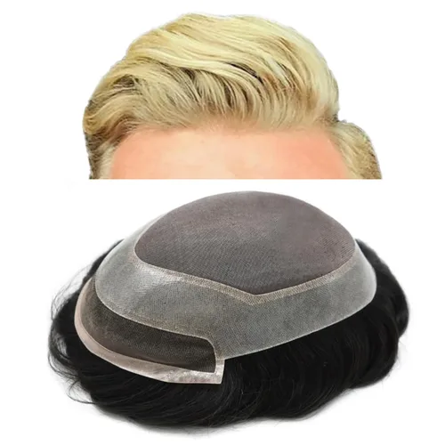 Miniatura 21 de Pieza de pelo de tupé para hombre, cabello humano real, frontal, línea capilar natural, sistema de reemplazo para hombres, unidades de cabello