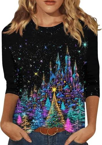 Miniatura 84 de Camisetas de manga 3/4 para mujer, cuello redondo, holgadas, casuales, con estampado floral, camisetas de moda para el trabajo de negocios