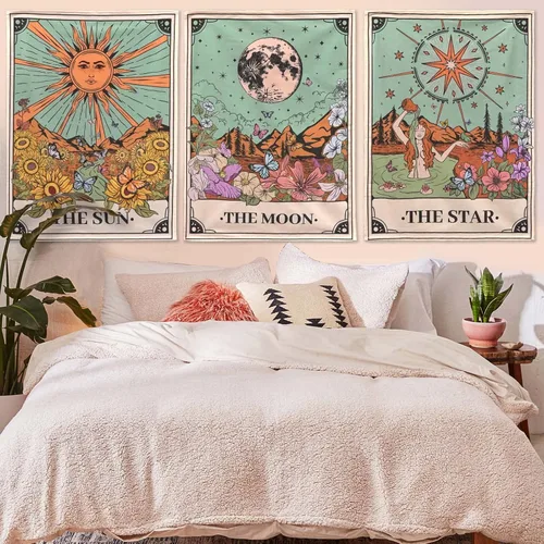 Miniatura 3 de Aipon Tapiz de Tarot Lindo Juego de 3 Tapices de Tarot Sol Luna Estrella Floral Verde Pequeña Tapicería Estética para Colgar en la Pared