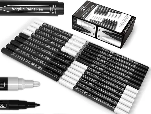 TOOLI-ART Juego de marcadores de pintura acrílica en blanco y negro para pintura de roca, lienzo, tazas, metal, pintura de vidrio, tela, madera,