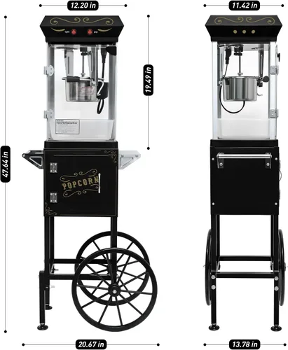 Miniatura 4 de Máquina de palomitas de maíz con carrito, con ruedas y cuchara de aceite de acero inoxidable de 6 onzas, carrito móvil con taquillas para cine