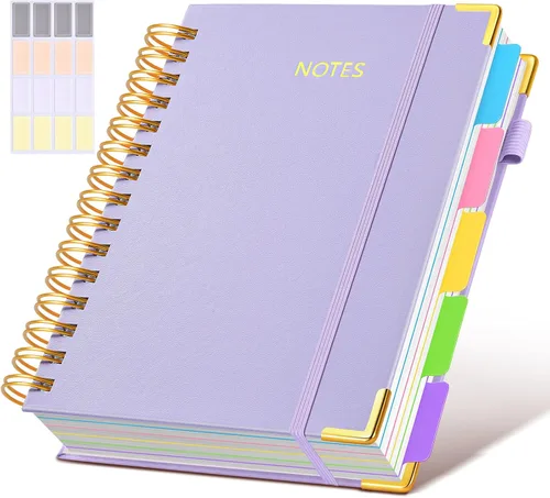 Miniatura 26 de Cuaderno universitario de espiral con tapa dura de cuero de 8 x 10 pulgadas, con pestañas separadoras extraíbles, para 5 materias, a rayas; diario