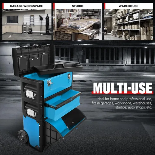 Miniatura 5 de Auto Dynasty Caja de herramientas apilable de 3 niveles, caja de herramientas rodante 3 en 1 de 19.5 pulgadas con ruedas, organizador de caja