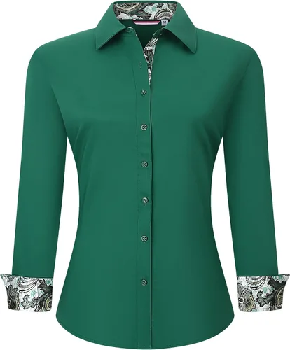 Miniatura 12 de WARHORSEE Blusas de vestir de manga larga con botones de algodón para mujer, blusas de trabajo elegantes de fácil cuidado, blusas casuales