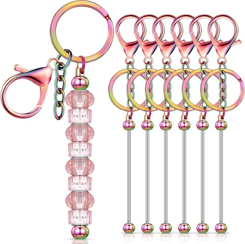Miniatura 12 de Huwena 6 piezas de llaveros con cuentas, barras en blanco, llavero de cuentas de metal para colgante, manualidades, joyería, regalo