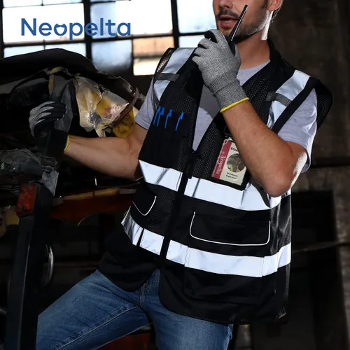 Miniatura 6 de Neopelta Chaleco de seguridad reflectante de malla negra, chaleco de alta visibilidad con bolsillos y cremallera, cuello acolchado, color negro, 2X