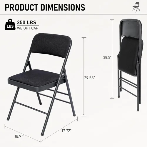 Miniatura 3 de Paquete de 4 sillas plegables negras con cojín acolchado de tela, juego de sillas de comedor de tela, sillas plegables apilables portátiles