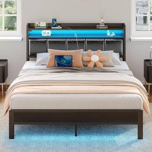 Miniatura 9 de Rolanstar Armazón de cama tamaño completo con estación de carga y luces LED, cabecera tapizada con estantes de almacenamiento, listones de metal
