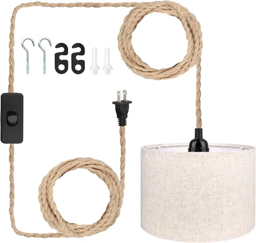 Miniatura 10 de Kit de luces colgantes de 16.5 pies, luces colgantes con cable de enchufe e interruptor, lámpara colgante de cuerda de cáñamo E26, cable de linterna