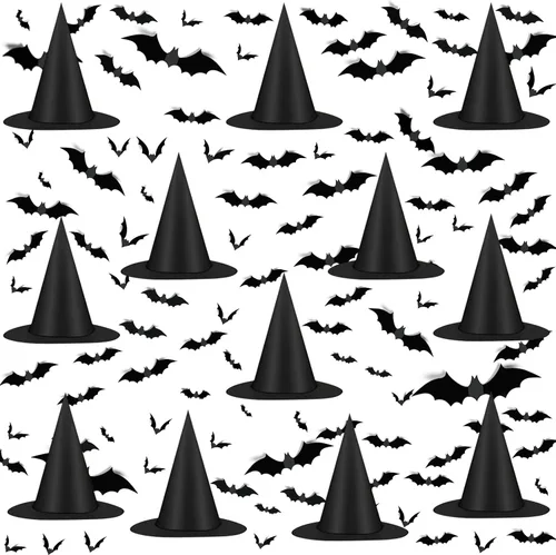 Famoby 12 sombreros de bruja negros de Halloween con cable de nailon de 157 pies y 120 calcomanías de murciélago para interiores y exteriores,