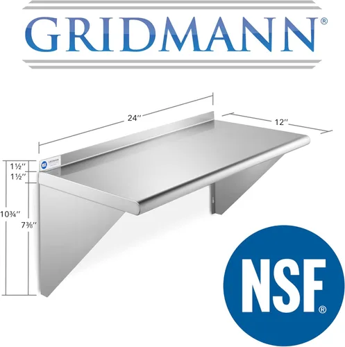 Miniatura 3 de GRIDMANN Estante de montaje en pared de acero inoxidable de 12 x 24 pulgadas con protector contra salpicaduras, grado comercial, estantería