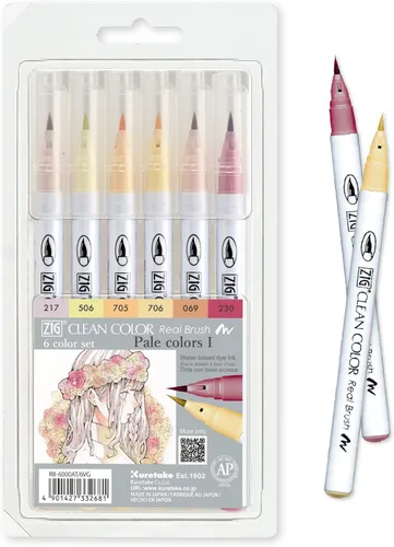 Kuretake ZIG Color Real Brush - Set de 6 rotuladores con punta de pincel, colores pálidos I
