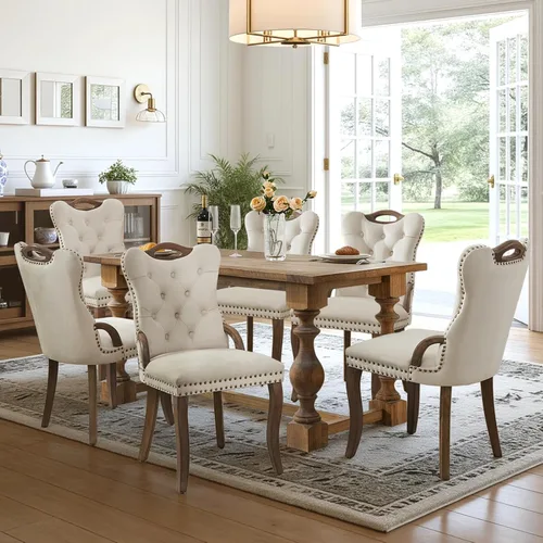 Miniatura 128 de SoarFlash Juego de 2 sillas de comedor de tela de lino, sillas de comedor tapizadas con ribete de cabeza de clavo y patas de madera de color claro