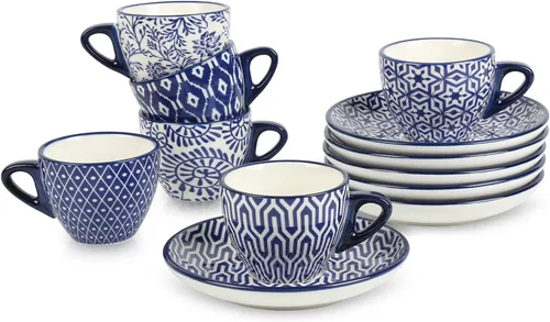 Selamica Tazas de Café Espresso de Cerámica de 2 oz, Juego de Tazas de Café Espresso Pequeñas con Platillos, Mini Tazas Demitasse de Porcelana para