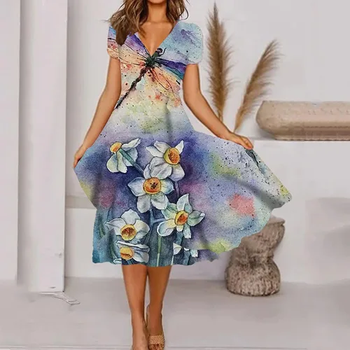 Miniatura 3 de QFVZHY Vestidos de verano 2023 para mujer, casual, a la moda, estampado floral, manga corta, cuello en V, vestidos con vuelo, tallas S-2XL