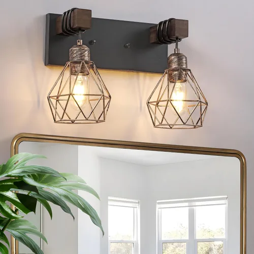Miniatura 18 de Lámparas blancas para tocador de baño, luminarias de baño de madera de 2 luces sobre el espejo, apliques rústicos de pared con elegante pantalla