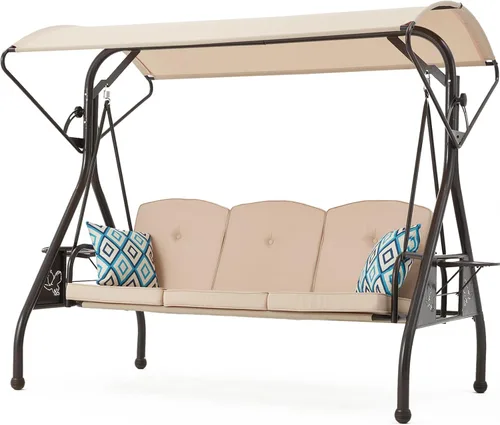 Miniatura 9 de ZZW 800LBS - Columpio de patio con toldo, 3 asientos, columpio para porche al aire libre con soporte, portavasos y almohada, silla columpio