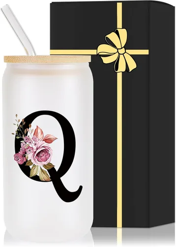Miniatura 13 de Vaso de vidrio con monograma con tapa de bambú, popote personalizado, vaso de café helado de 16 onzas, tarro transparente de masón, cerveza, agua