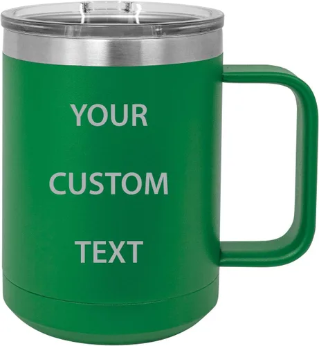 Miniatura 10 de Vaso de viaje de acero inoxidable de 15 onzas con aislamiento de texto personalizado, taza de café para beber auto, asa, tapa deslizante, Blanco