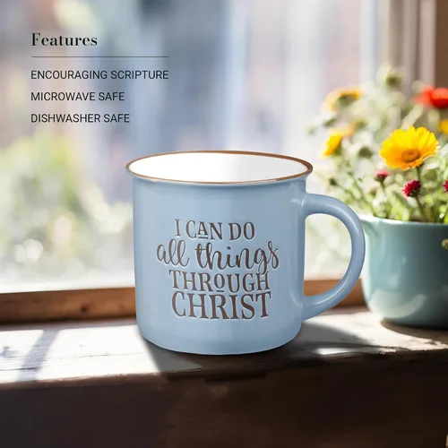 Miniatura 3 de Regalos de Arte Cristiano Taza de Café de Cerámica Estilo Campamento Azul – 13 oz. Taza de Café y Té Inspiradora con Escritura y Versículo