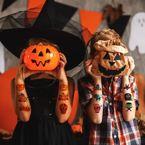 Miniatura 6 de Smilinfit Tatuajes temporales de Halloween para niños, recuerdos de fiesta de Halloween, hojas envueltas individualmente, suministros de decoración