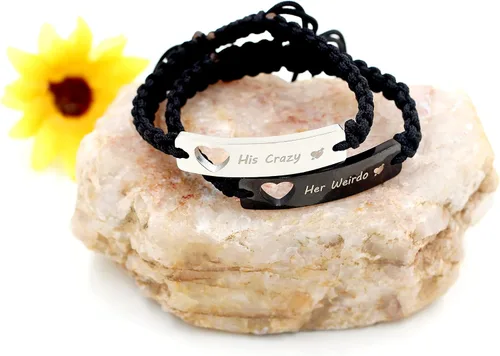 Miniatura 4 de 1 par de pulseras trenzadas Hademade para parejas, pulseras para hombres y mujeres grabadas con "I Love You 3000, God Gave Me You, His Crazy Her