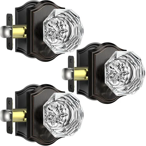 Miniatura 22 de Pomos de puerta de cristal para interiores, pomos de puerta de cristal de latón envejecido con cerradura para uso de privacidad, pomos de puerta