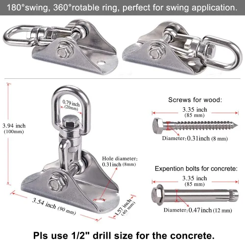 Miniatura 6 de SELEWARE Colgador de columpio de acero inoxidable resistente para techo Montaje en techo con giro libre Gancho de columpio Kit de accesorios