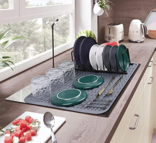 Miniatura 15 de Tapete de silicona para secar platos, antideslizante, fácil de limpiar, tapete escurridor de platos grande resistente al calor para encimera