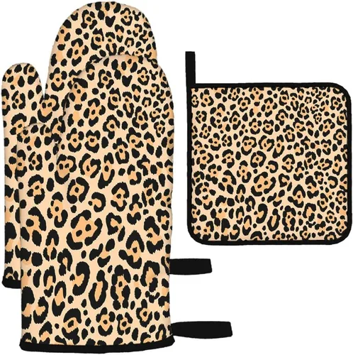 Miniatura 10 de Mxocom Juego de 3 guantes de horno y agarraderas de leopardo de oro rosa para cocina, cocina, hornear, asar a la parrilla, almohadillas calientes