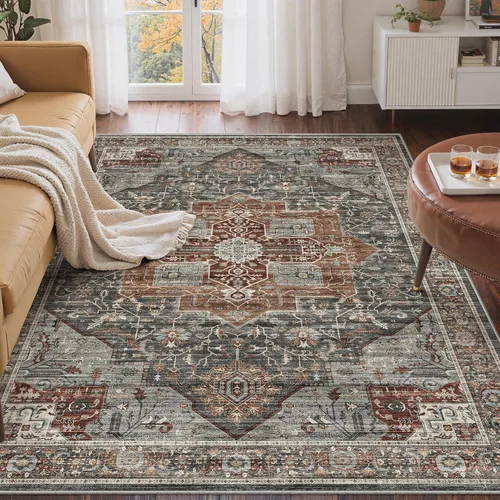 Miniatura 33 de Roxstand Alfombras de 2,44 x 3,05 m para sala de estar, alfombra vintage lavable con respaldo antideslizante, alfombra grande resistente a manchas