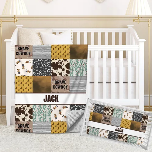 Juego de ropa de cama personalizado estilo vaquero para bebé, edredón con nombre personalizado, juego de 2 piezas con sábanas bajeras