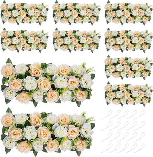 Miniatura 10 de NUPTIO Centros de mesa de flores artificiales para mesas, 6 unidades, color borgoña, rosa polvorienta y blanco cremoso, arreglos de rosas falsas