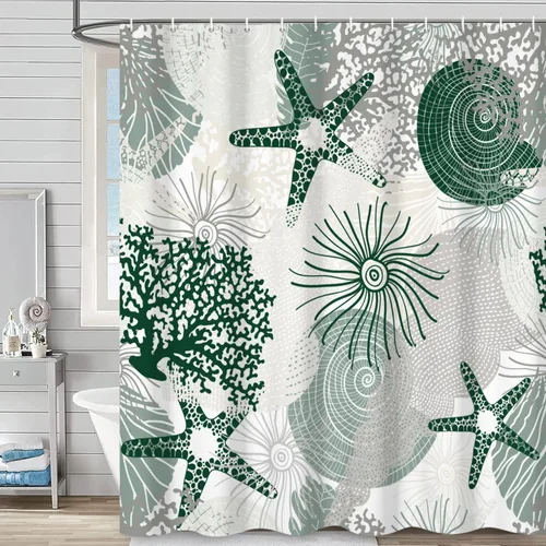 Miniatura 14 de Cortina de ducha náutica costera, cortina de baño con temática de playa y océano, decoración de baño con estrella de mar, coral, concha marina, tela