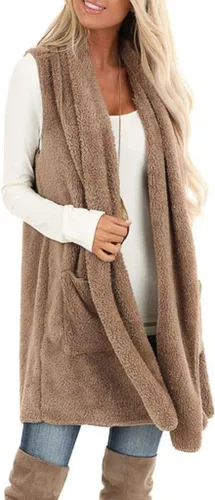 Miniatura 2 de ReachMe Chaleco de sherpa sin mangas para mujer con bolsillos con solapa frontal abierto de forro polar, suéter mullido