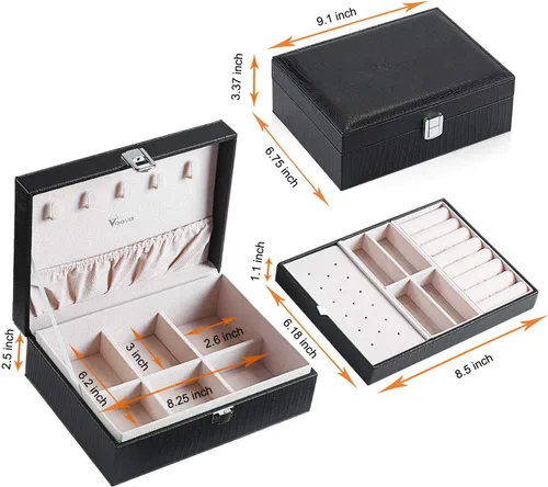 Miniatura 6 de Voova - Joyero organizador para mujeres y niñas 2 capas de almacenamiento de joyas grandes para hombres soporte para joyas de piel sintética