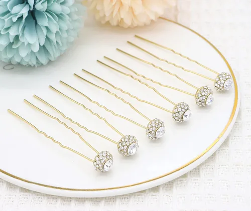Miniatura 4 de Juego de 6 horquillas estilo Bobby con diamantes de imitación brillantes para bodas (dorado)