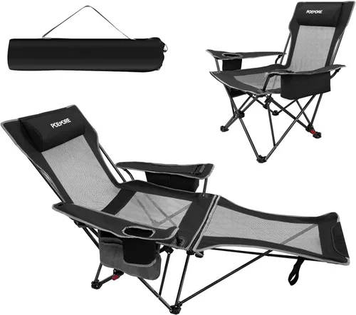 Miniatura 22 de Silla de camping reclinable de 4 posiciones con reposapiés, cómoda para adultos, tumbona plegable de 265 libras, silla de playa de malla con bolsa