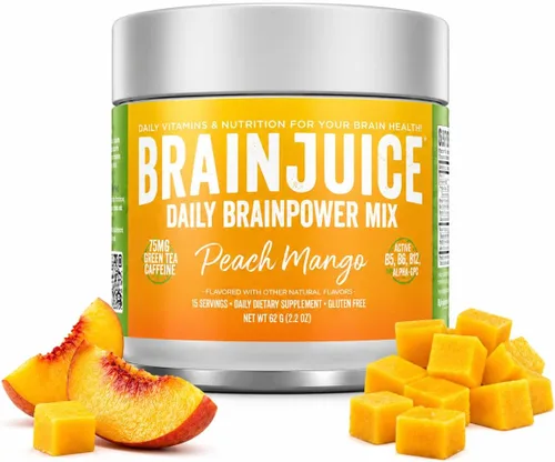 BrainJuice Suplemento de apoyo cerebral nootrópicos, polvo sin gluten para energía y concentración, mezcla de bebida con L teanina, Alpha GPC,