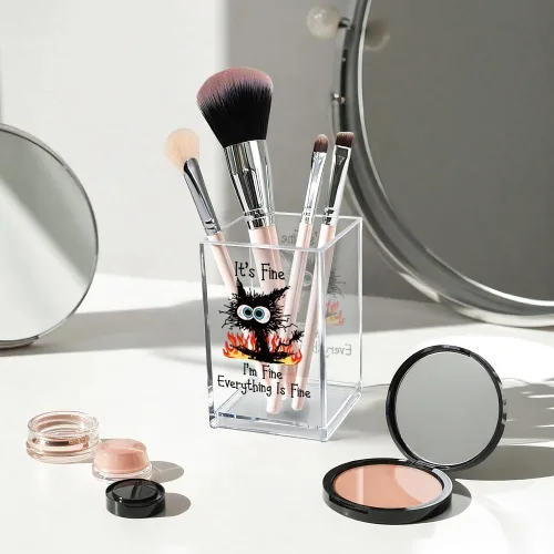 Miniatura 3 de It's Fine I'm Fine Soporte para Lápices y Bolígrafos Cosméticos de Acrílico, Divertido Soporte para Bolígrafos de Gato Negro, Regalo para Amantes