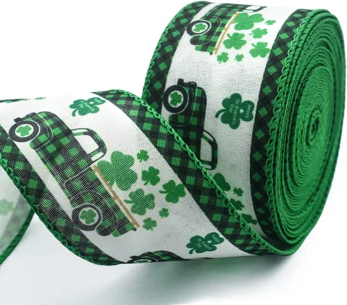 Miniatura 7 de Hying Cintas del día de San Patricio para envolver regalos, cintas blancas de arpillera con borde con alambre, adornos de trébol irlandés para lazos