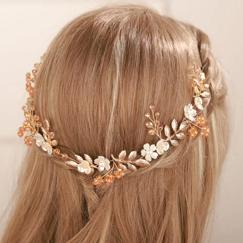 Miniatura 2 de Aimimier Diadema bohemia con hojas de flores y perlas de cristal para mujeres y niñas, 1 recuento (paquete de 1), Metal Cristal