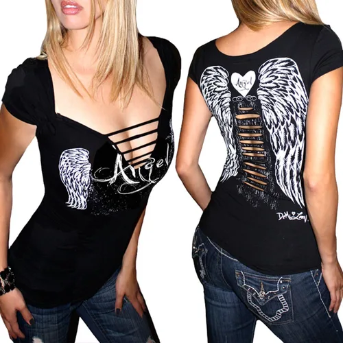 Demi Loon Camiseta sexy de motociclista para bebé recortada alas de ángel calavera tatuaje camiseta de motocicleta para mujer